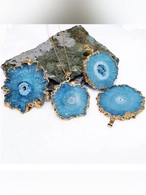 Blue Agate Pendant In Gold Tone Setting Boho